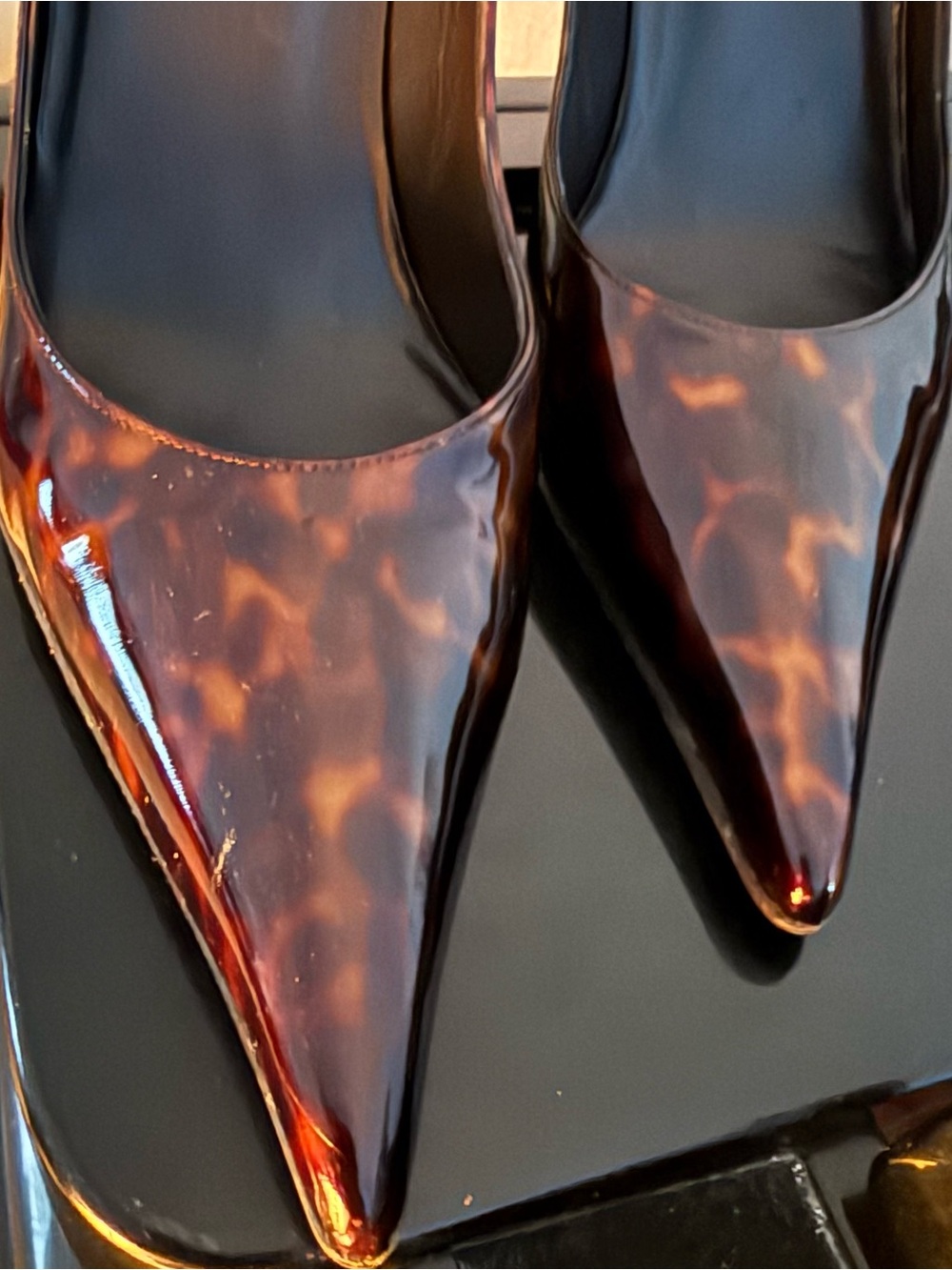 Stuart Weitzman Tortoiseshell Patent Pointed-Toe Pumps